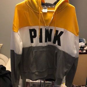PINK sweatshirt yellow white and gray